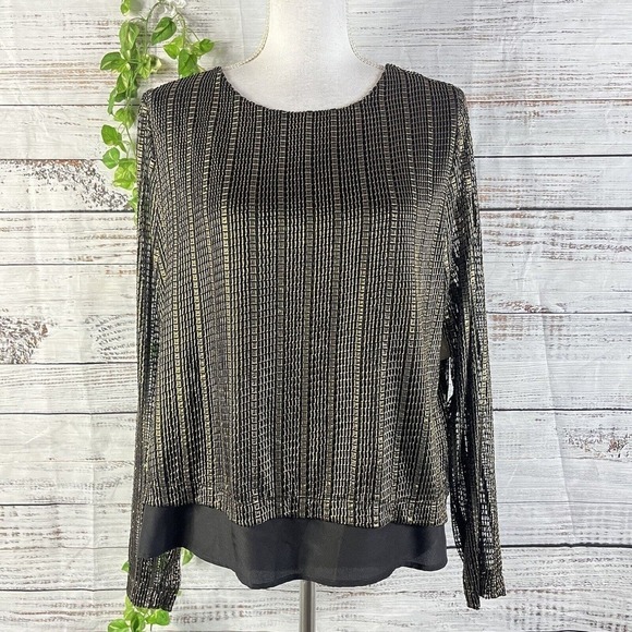 Halston Blouse Top size Large Black Gold Stretch Dinner Cocktail Evening Modest - Picture 1 of 15